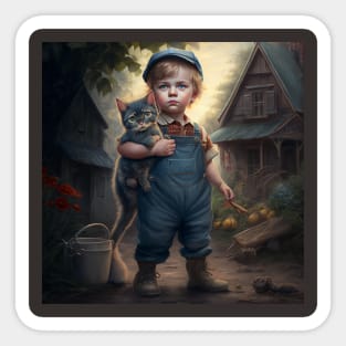 Young boy in his denim coveralls carrying his cat. Sticker